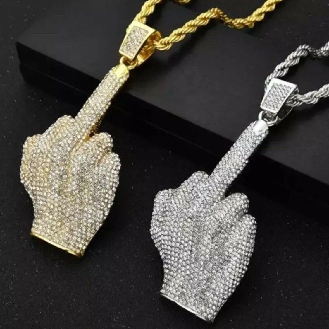 SILVER Iced Out Angry Middle Finger Necklace Jewelry Rope Chain Pendant Bling