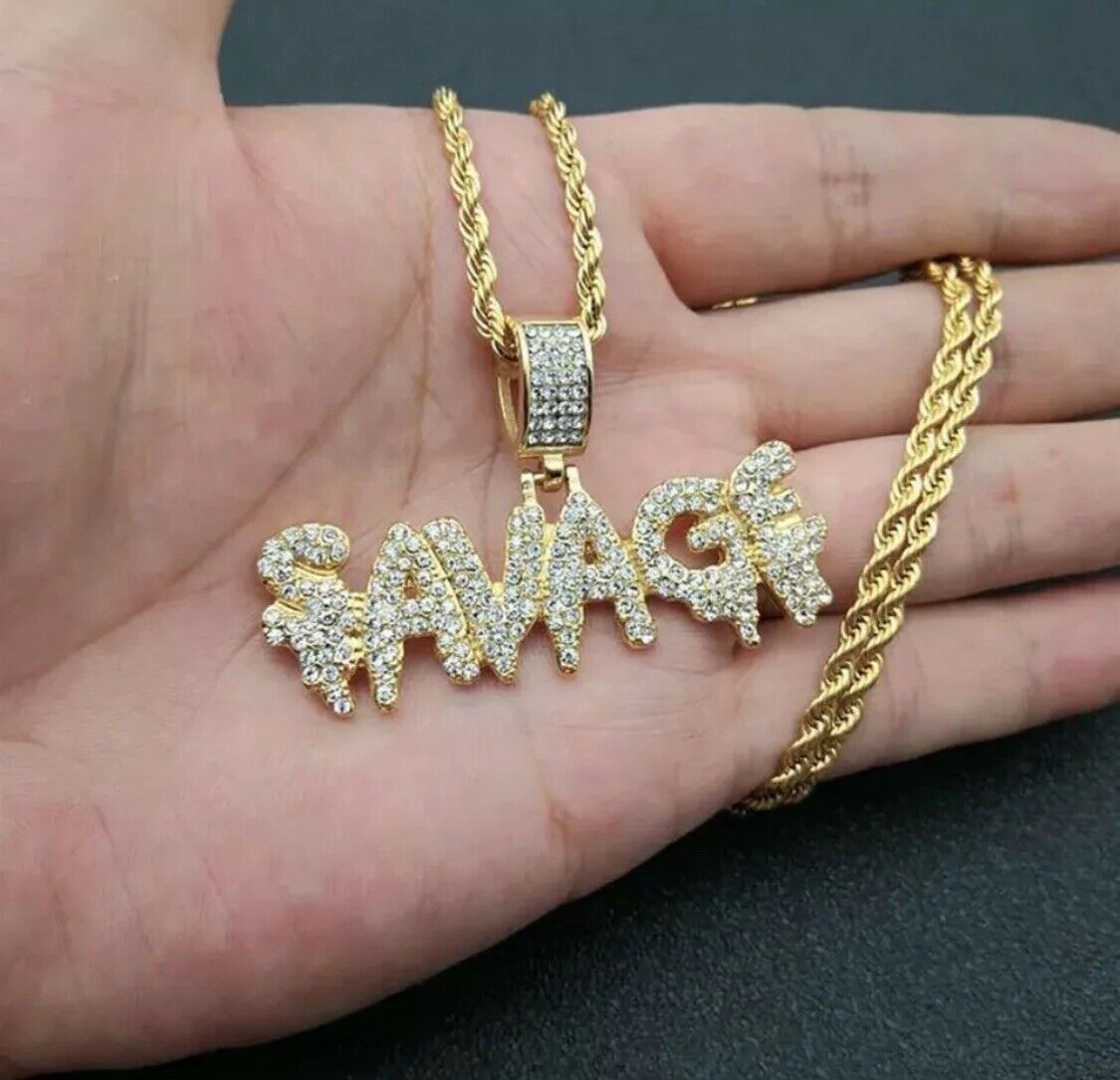 GOLD SAVAGE Pendant Necklace Rhinestone Necklace Silver Iced Out Hip Hop Jewelry