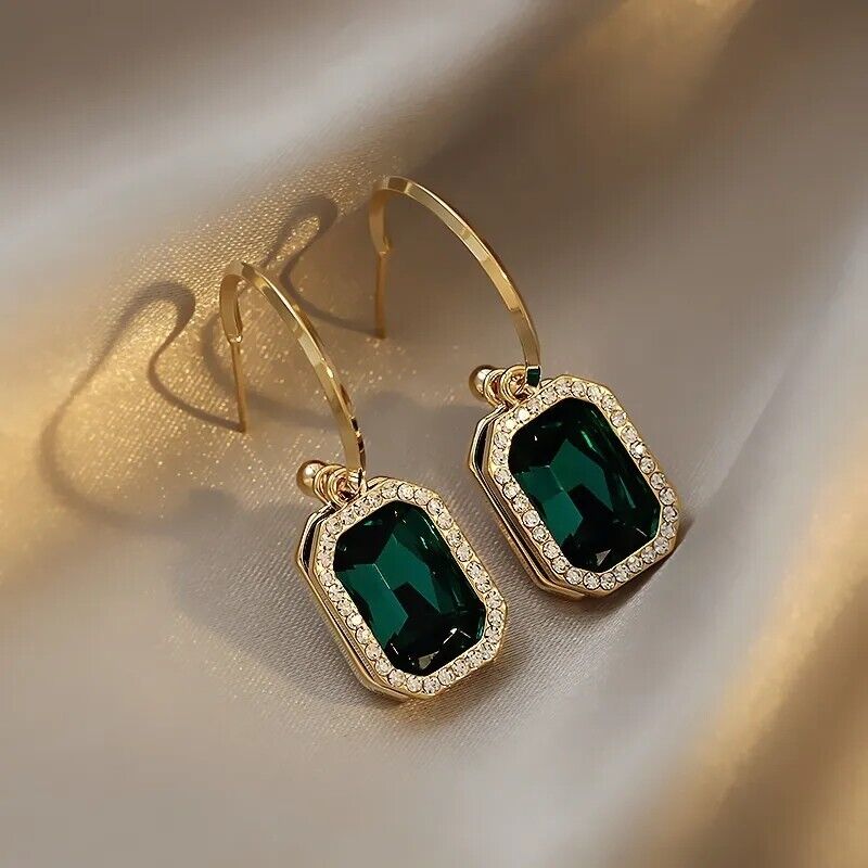 Earrings Hoop Crystal Emerald Green Large Big Rhinestone Gold Plated Zircon Gift