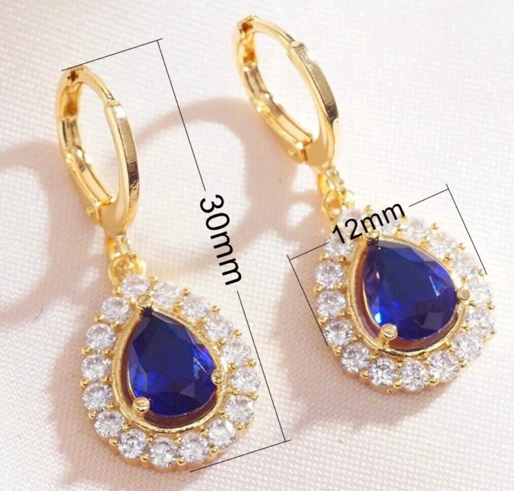 Emerald Ruby Earrings 14K Gold Plated Pear Shaped Cubic Zirconia CZ 925