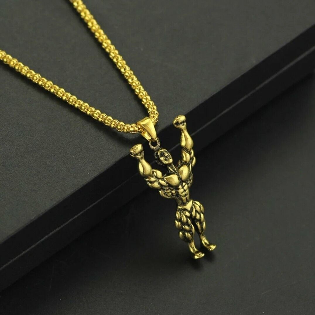 Men Silver Necklace Gothic Skull Weight lifting Gold Pendant Necklace Xmas Gift
