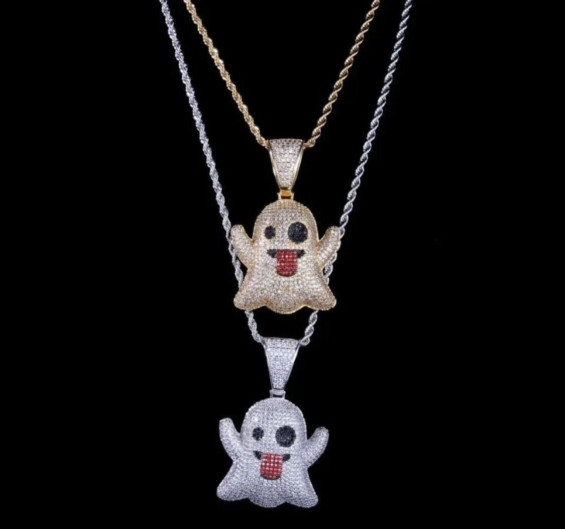 GOLD Necklace Snapchat Emoji Pendant & Chain Iced Out Bling Shine Jewellery