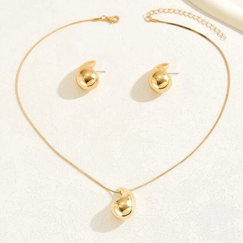 NEW TRENDY WATER TEAR DROP CHUNKY GOLD NECKLACE RING EARRINGS SET UK SELLER