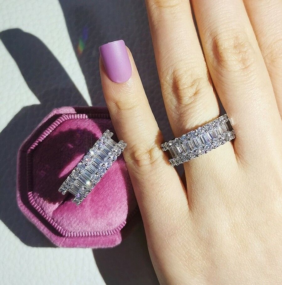 Engagement Ring Eternity Baguette Sterling Silver 925 Bridal CZ Stacking Ring 💍