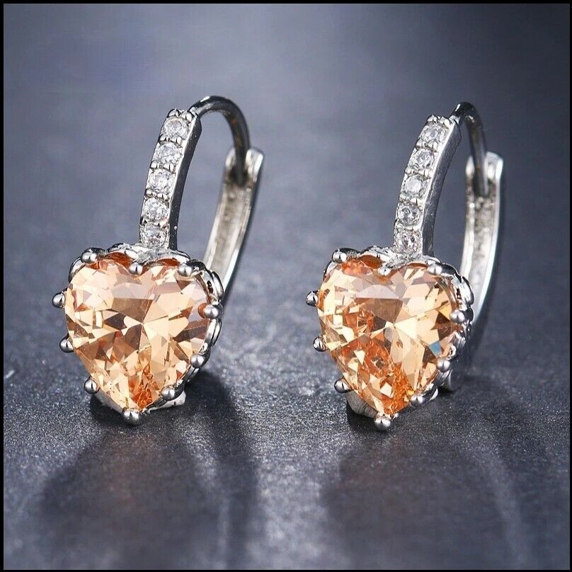 Women Earrings 14K Gold Plated Heart Shaped Cubic Zirconia CZ 925 Drop Earrings
