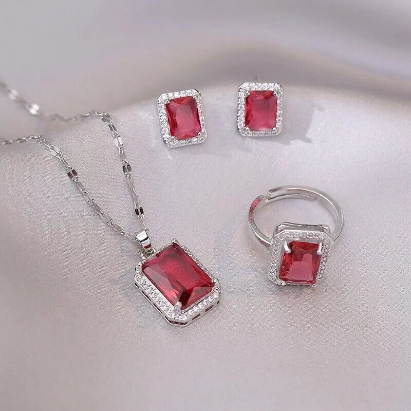 SilverCrystal Rhinestone Necklace Pendant Ring And Earrings Ruby Set UK