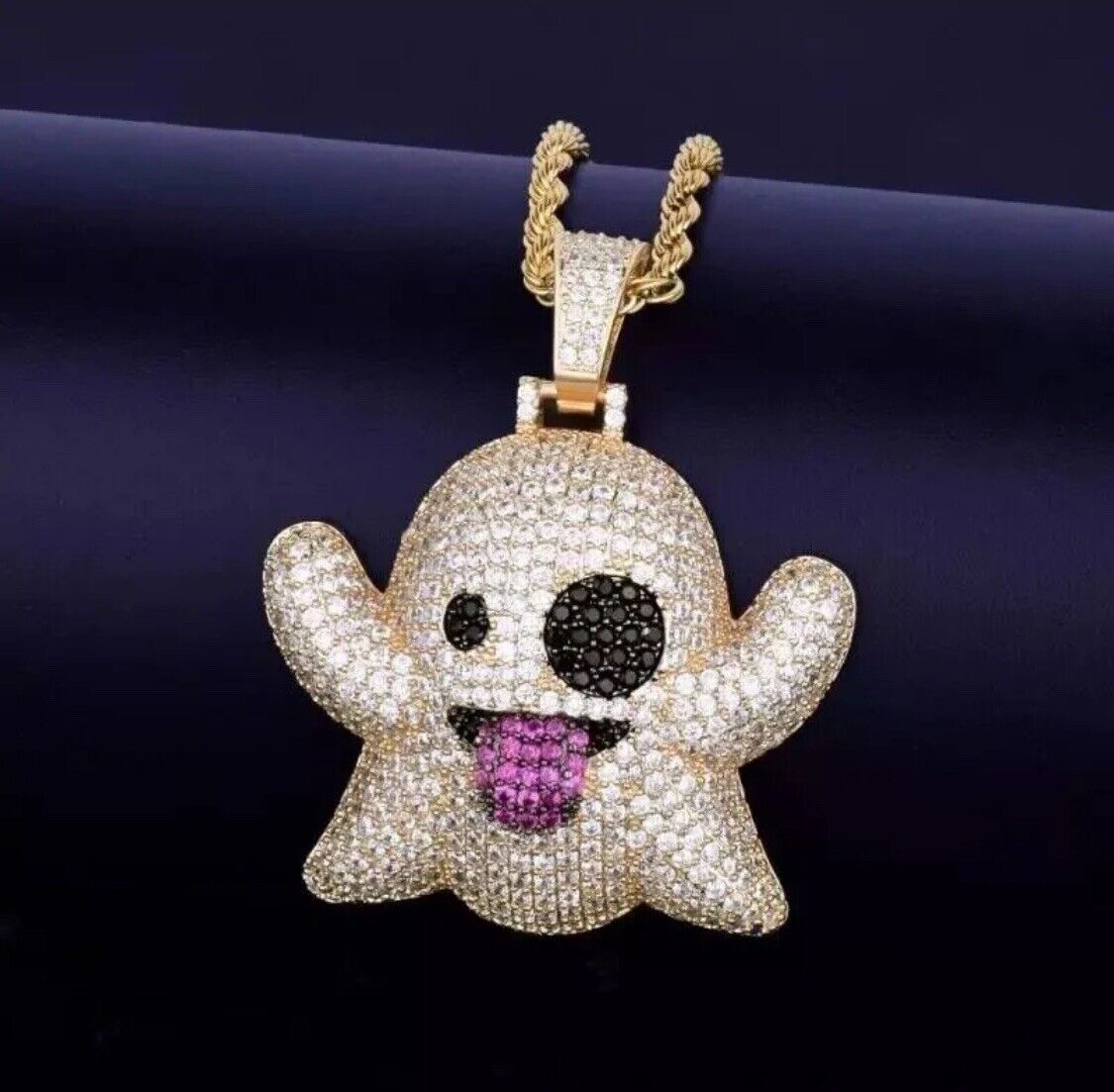 GOLD Necklace Snapchat Emoji Pendant & Chain Iced Out Bling Shine Jewellery