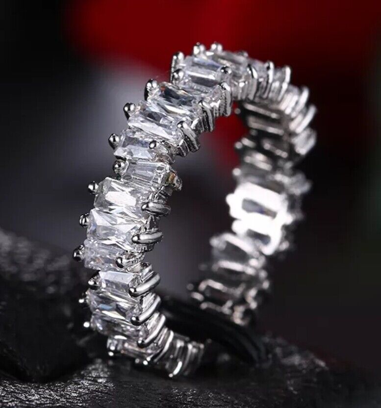 Stacking Ring CZ Engagement Eternity Baguette Silver Bridal CZ Tennis Ring 💍