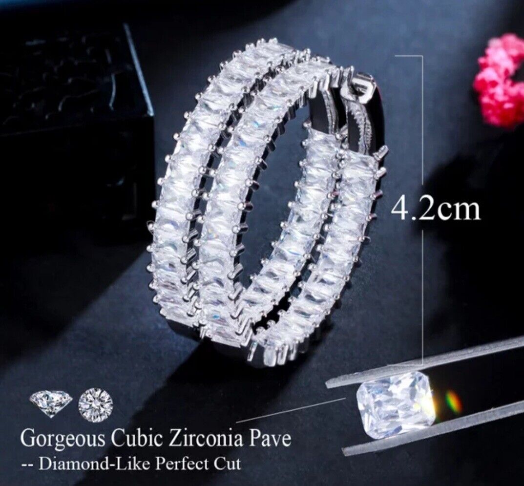 Cubic Zirconia Earrings 18K Gold Plated 925 Sterling Silver Hoop Baguette Bamboo