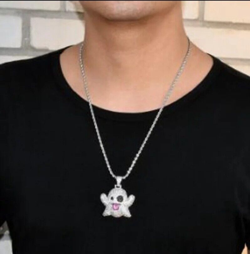 ๐ฌ๐ง Ghost Emoji Snapchat CZ Hip Hop Pendant Chain Necklace Iced Out Jewellery