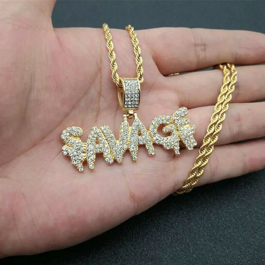 SAVAGE Pendant Necklace Rhinestone Necklace Silver Iced Out Hip Hop Jewelry