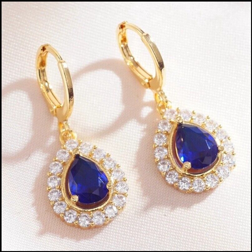 Emerald Ruby Earrings 14K Gold Plated Pear Shaped Cubic Zirconia CZ 925
