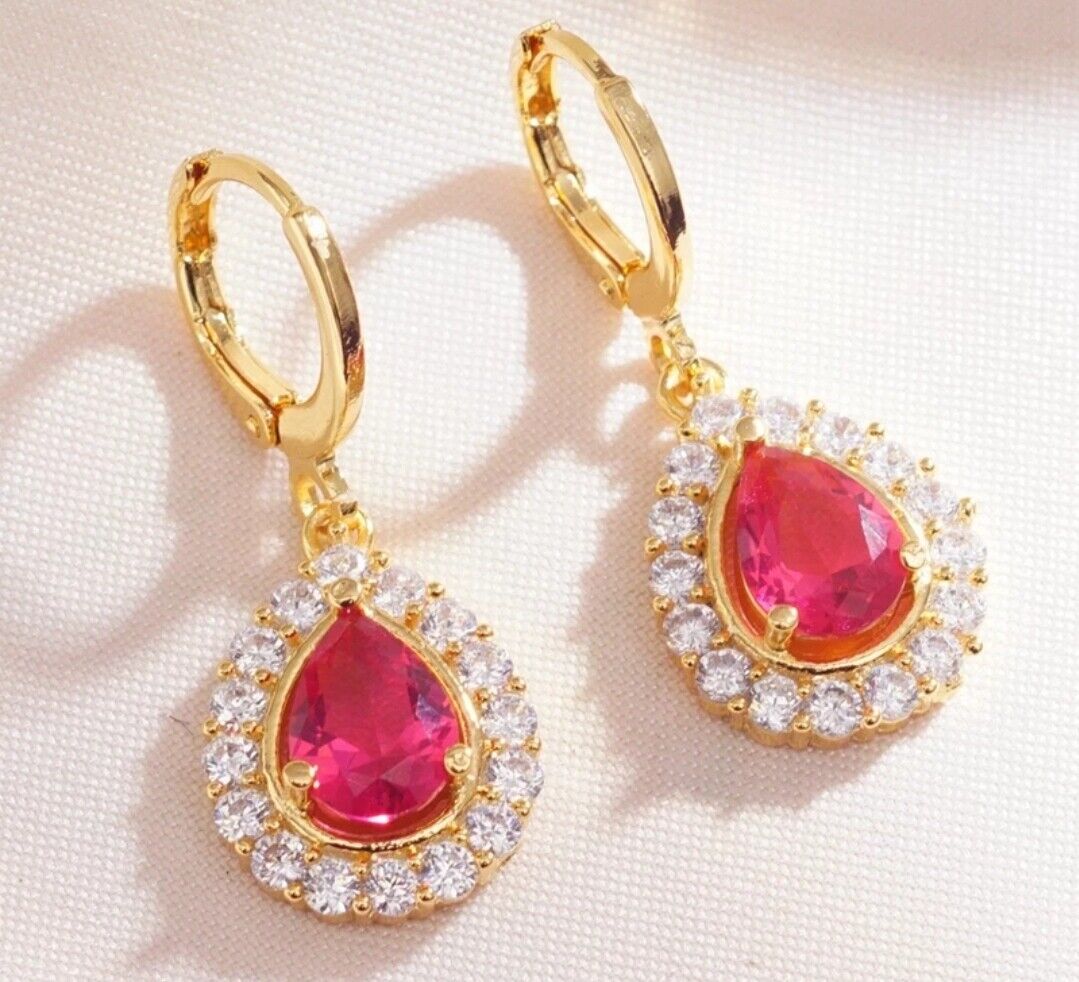 Emerald Ruby Earrings 14K Gold Plated Pear Shaped Cubic Zirconia CZ 925