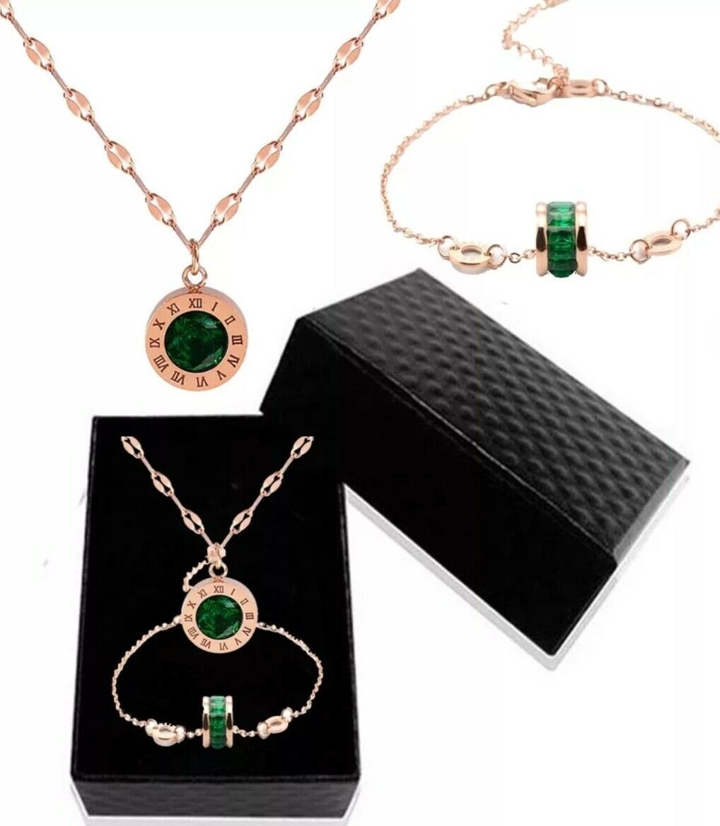 Gold & Emerald Dark Green Jewellery 4mm CZ Necklace & Bracelet Xmas Gift