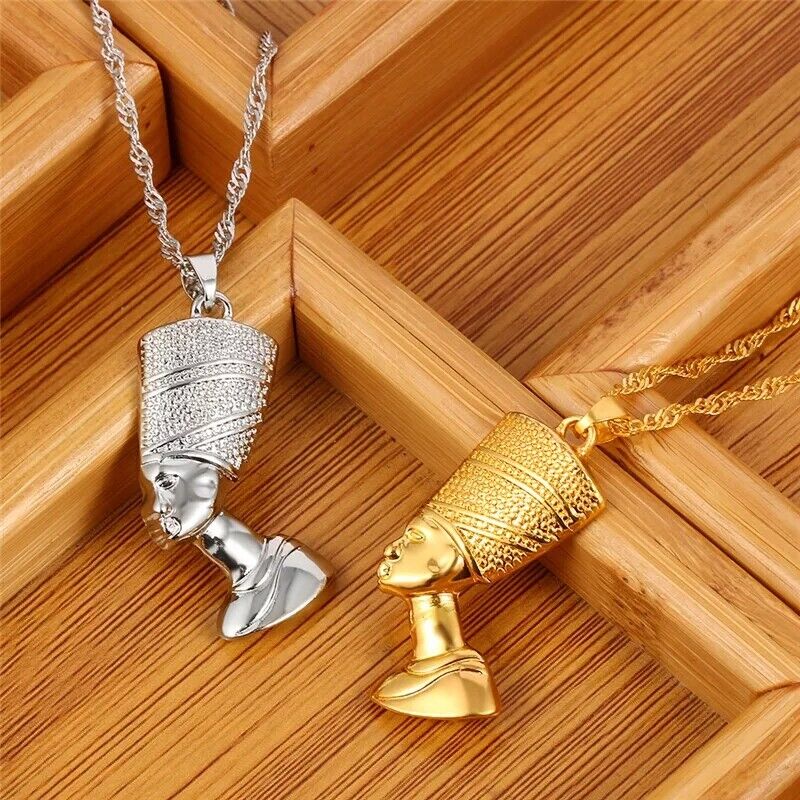 18ct Gold Plated Egyptian Queen Nefertiti Pharaoh Egypt Necklace Pendant