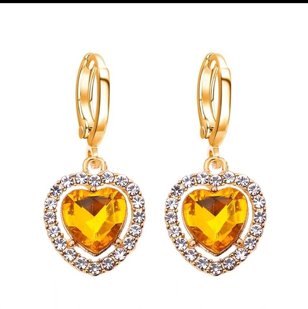 Heart Shape Drop Earrings Gold Plated Cubic Zirconia CZ Valentine Gift for Women