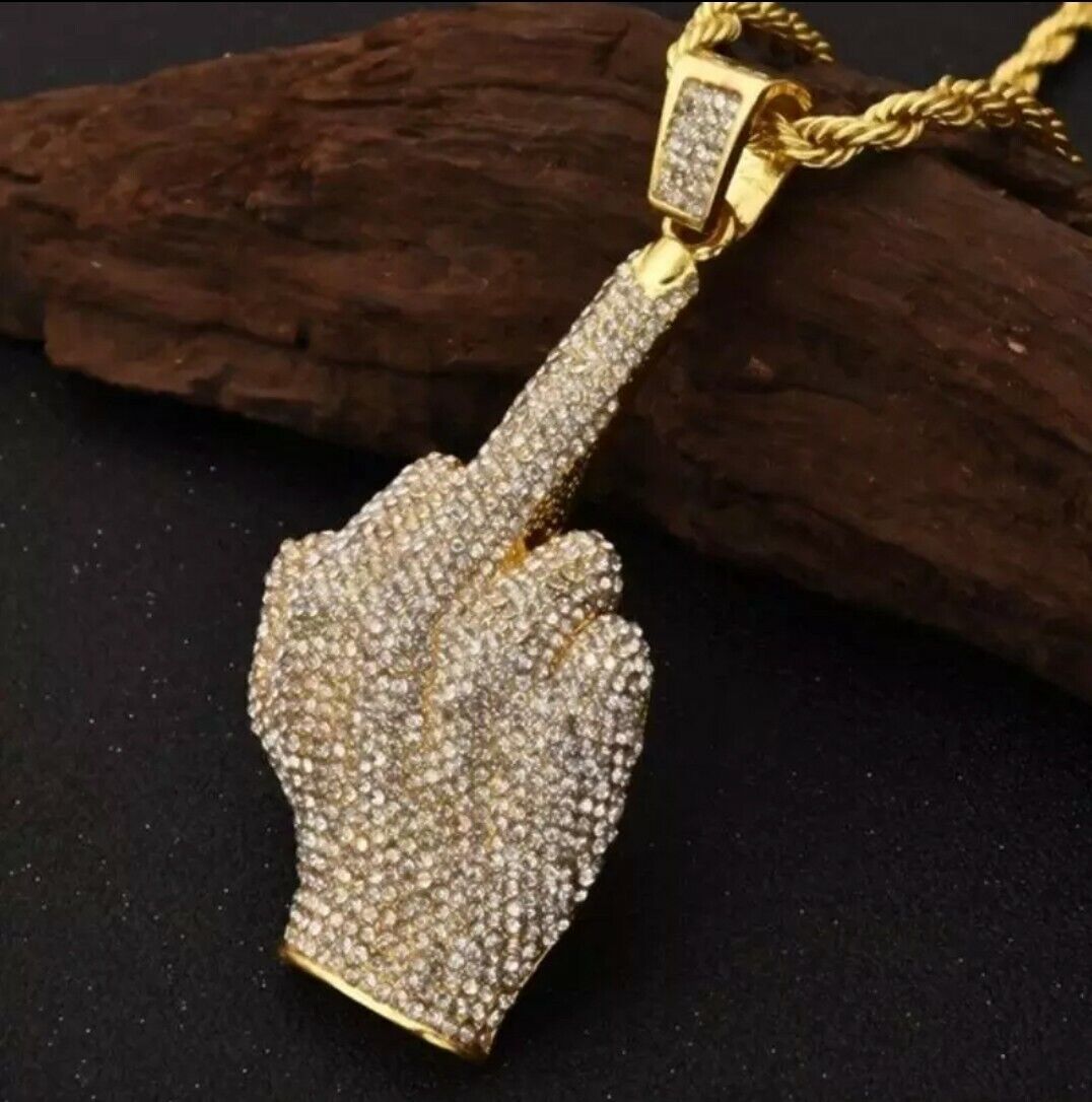 Iced Out Angry Middle Finger Hip Hop Necklace Jewelry Rope Chain Pendant Bling