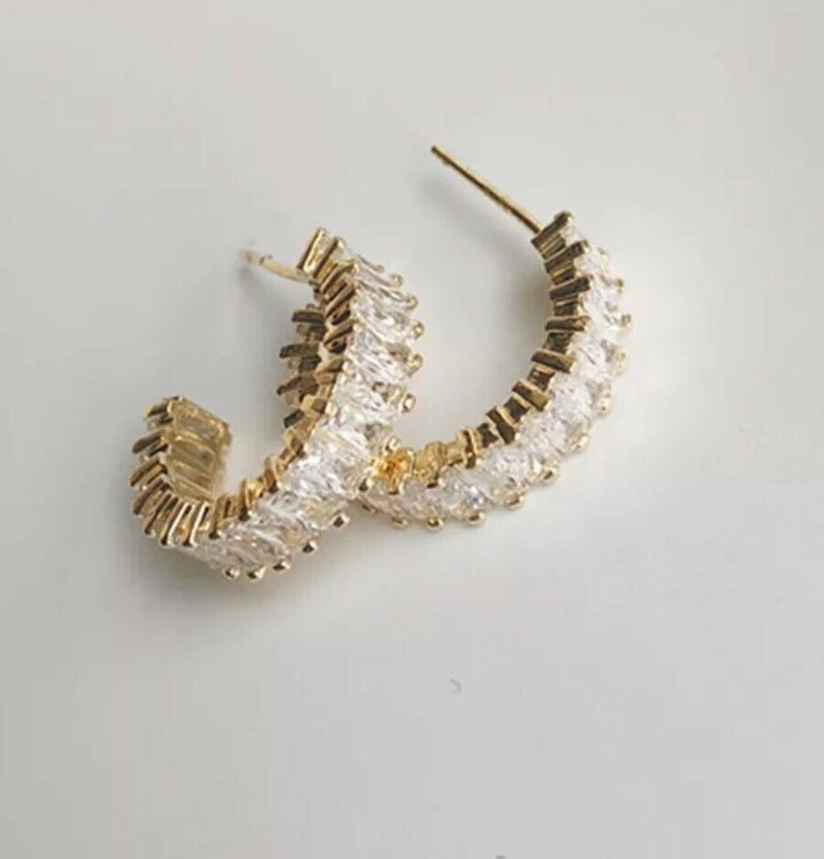 Geometric C-shaped Hoop Earrings CZ Crystal Sterling Silver Pin Big Gold Luxury