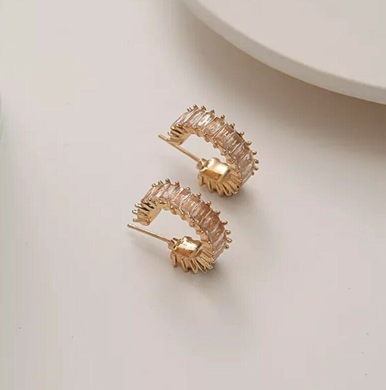 Geometric C-shaped Hoop Earrings CZ Crystal Sterling Silver Pin Big Gold Luxury