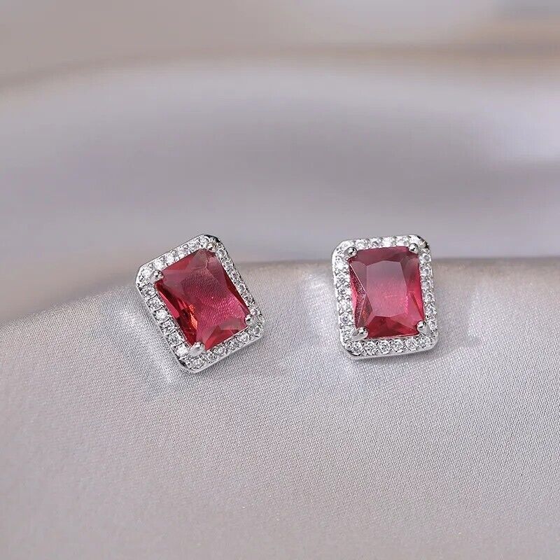 SilverCrystal Rhinestone Necklace Pendant Ring And Earrings Ruby Set UK
