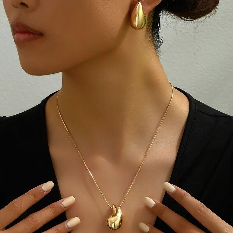 NEW TRENDY WATER TEAR DROP CHUNKY GOLD NECKLACE RING EARRINGS SET UK SELLER