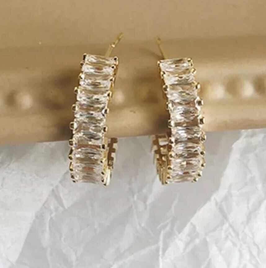 Geometric C-shaped Hoop Earrings CZ Crystal Sterling Silver Pin Big Gold Luxury