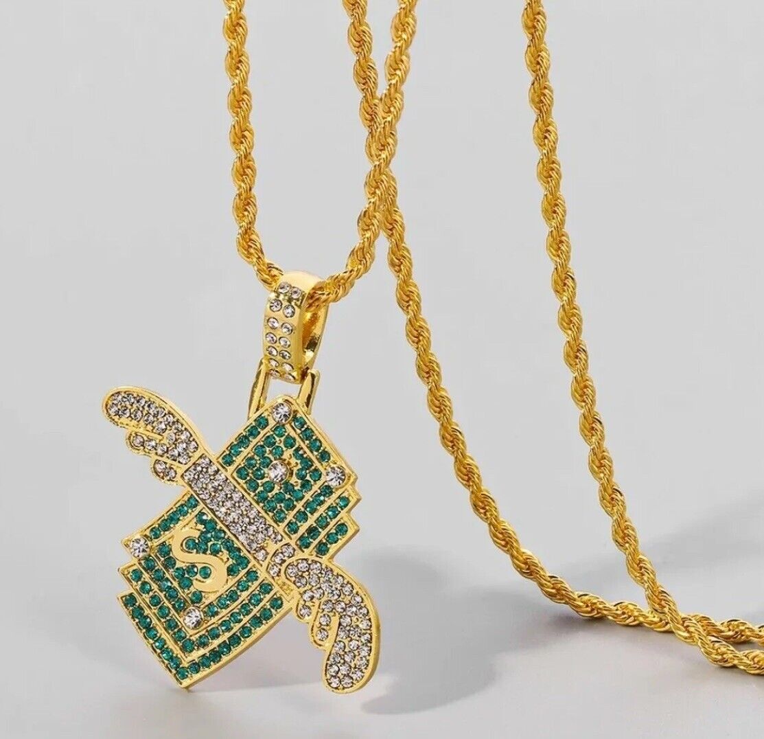 Hip-Hop Dollar Sign Necklace Money Pendant Chain Silver Jewellery Rapper Bling