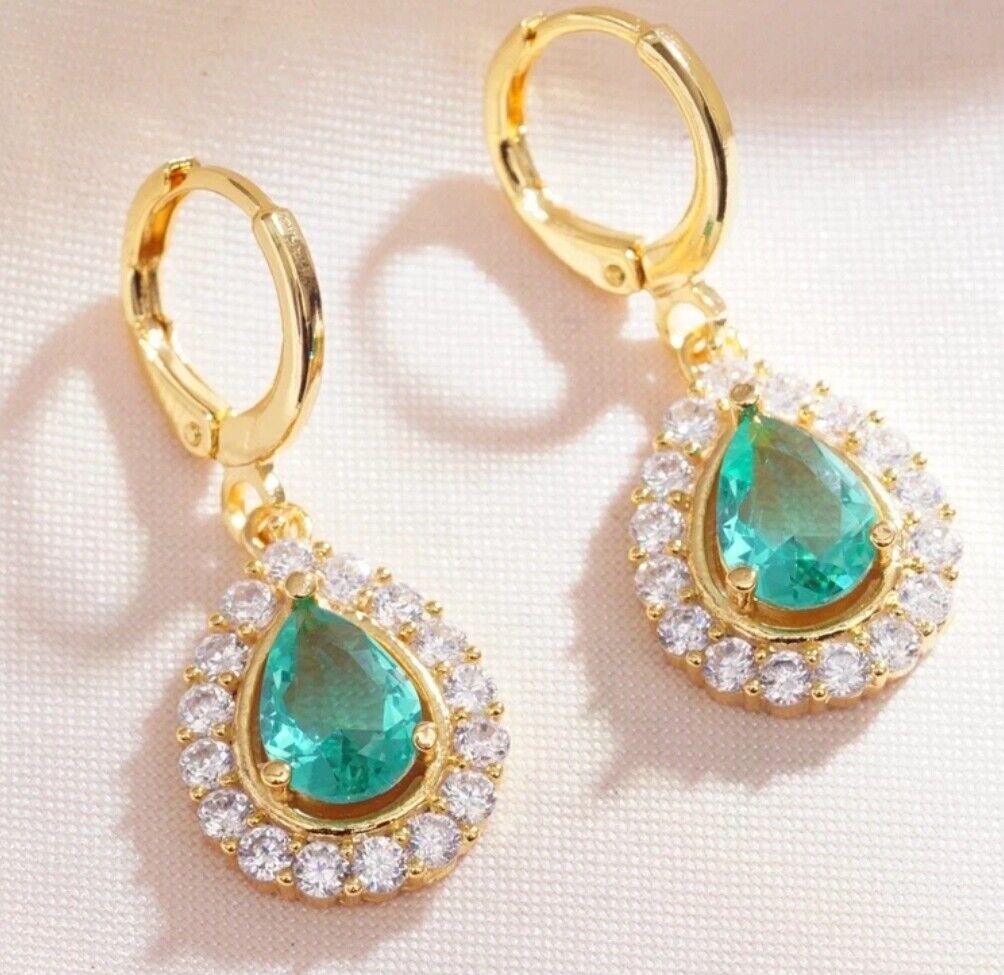 Emerald Ruby Earrings 14K Gold Plated Pear Shaped Cubic Zirconia CZ 925