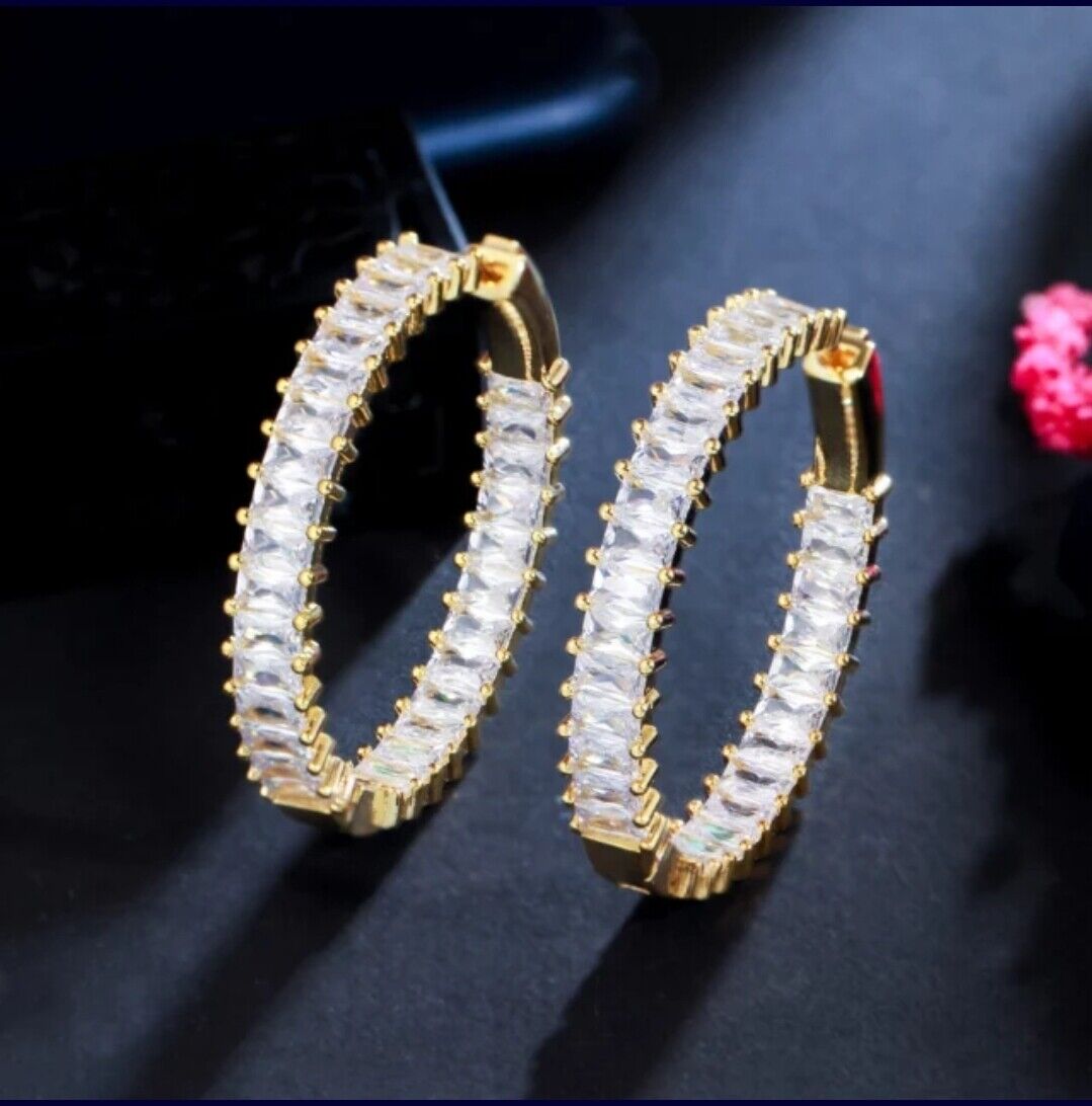 Cubic Zirconia Earrings 18K Gold Plated 925 Sterling Silver Hoop Baguette Bamboo