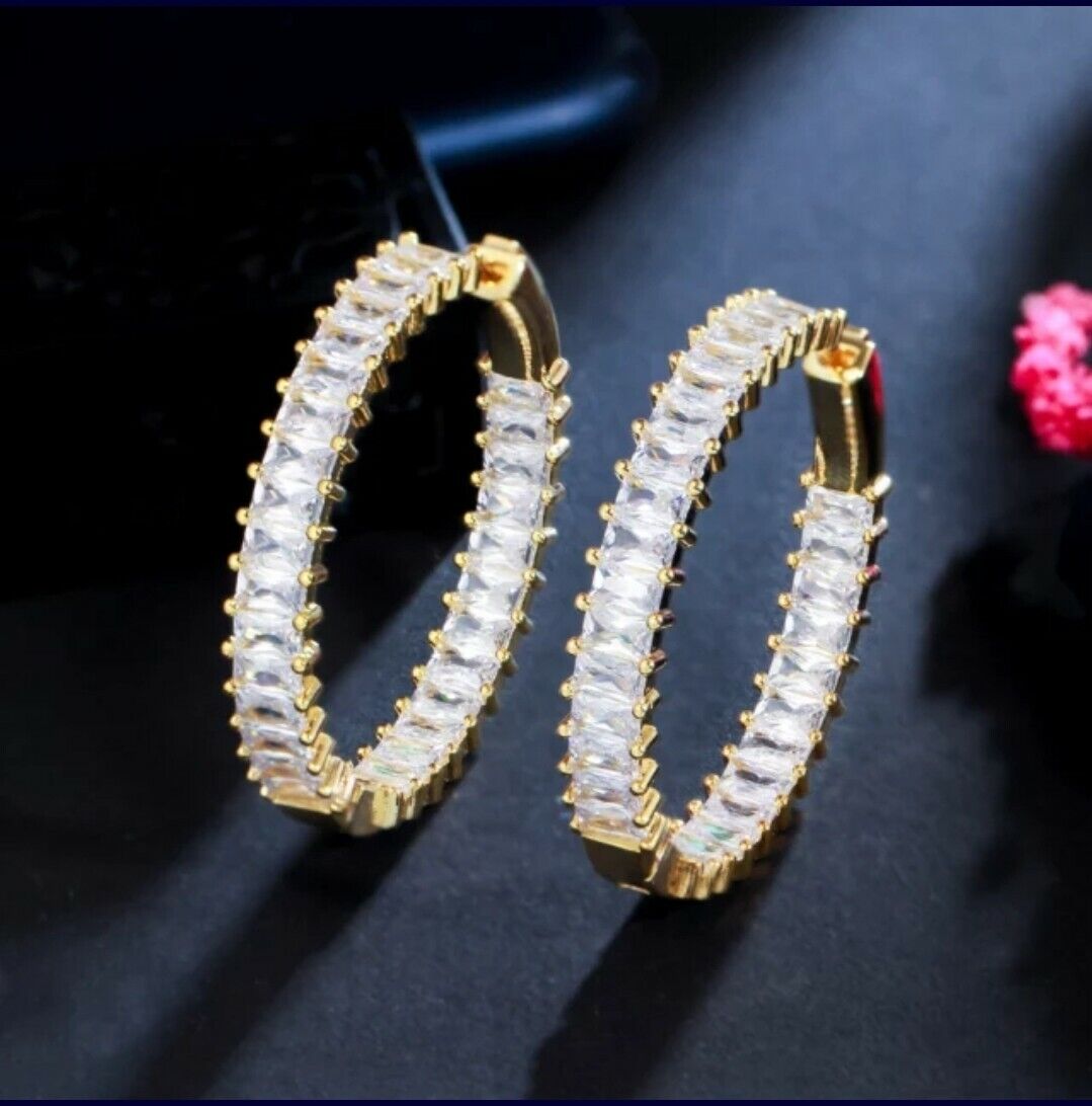Cubic Zirconia Earrings 18K Gold Plated 925 Sterling Silver Hoop Baguette Bamboo