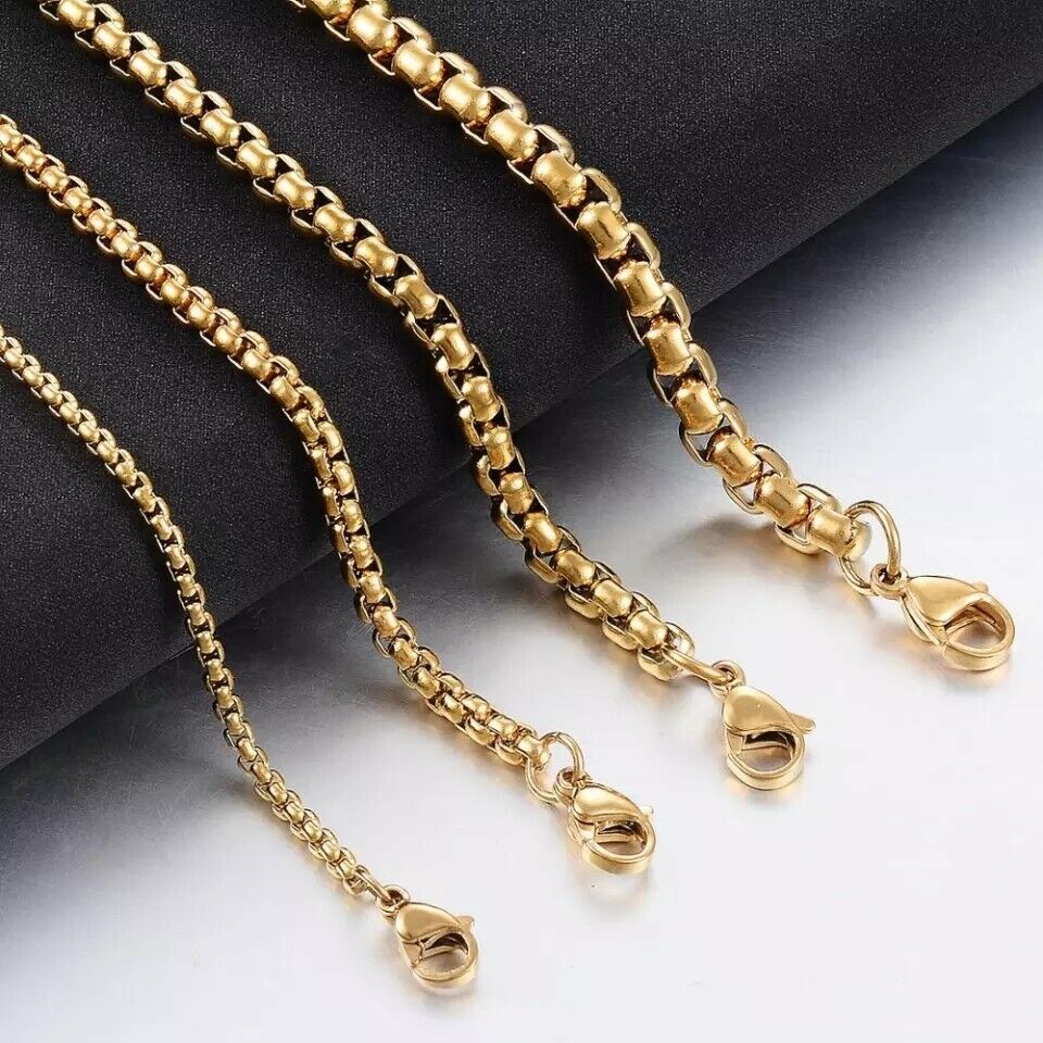GENUINE Stainless Steel Gold 5mm Round Box Chain 22 Inch Necklace
