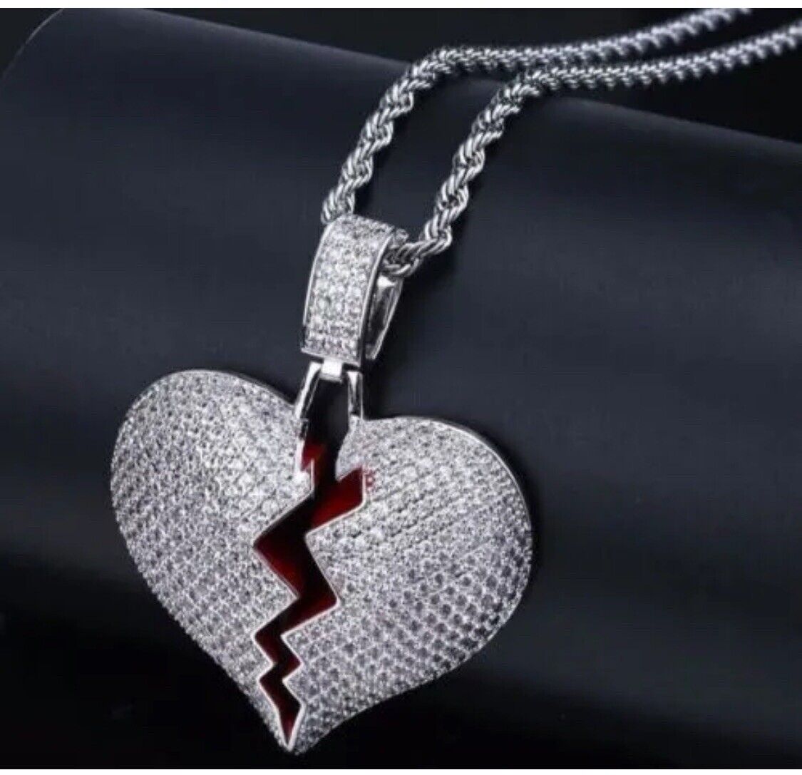SILVER Iced Out Broken Heart Necklace Hip Hop Jewelry Gold Bling Pendant Unisex