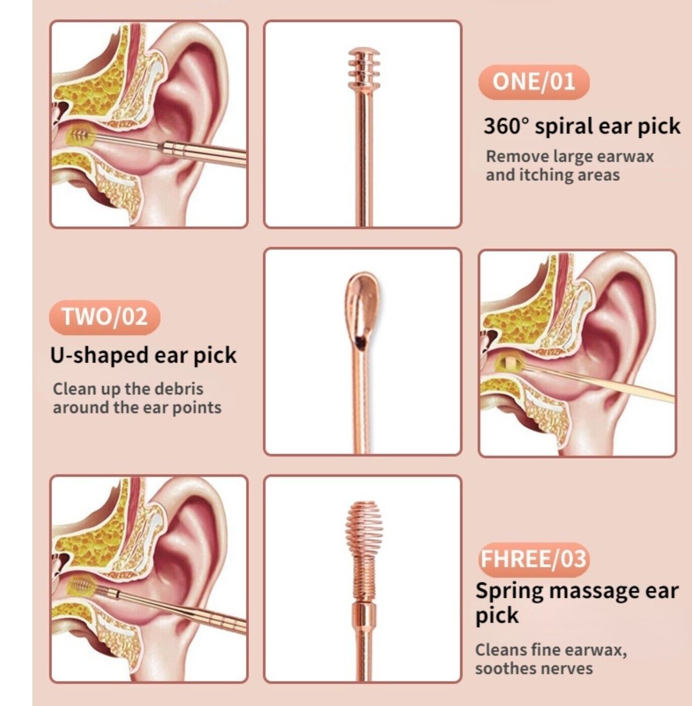 6Pcs/Set Stainless Steel Spiral Ear Pick Spoon Tool Ear Wax Remover Cleaner UK
