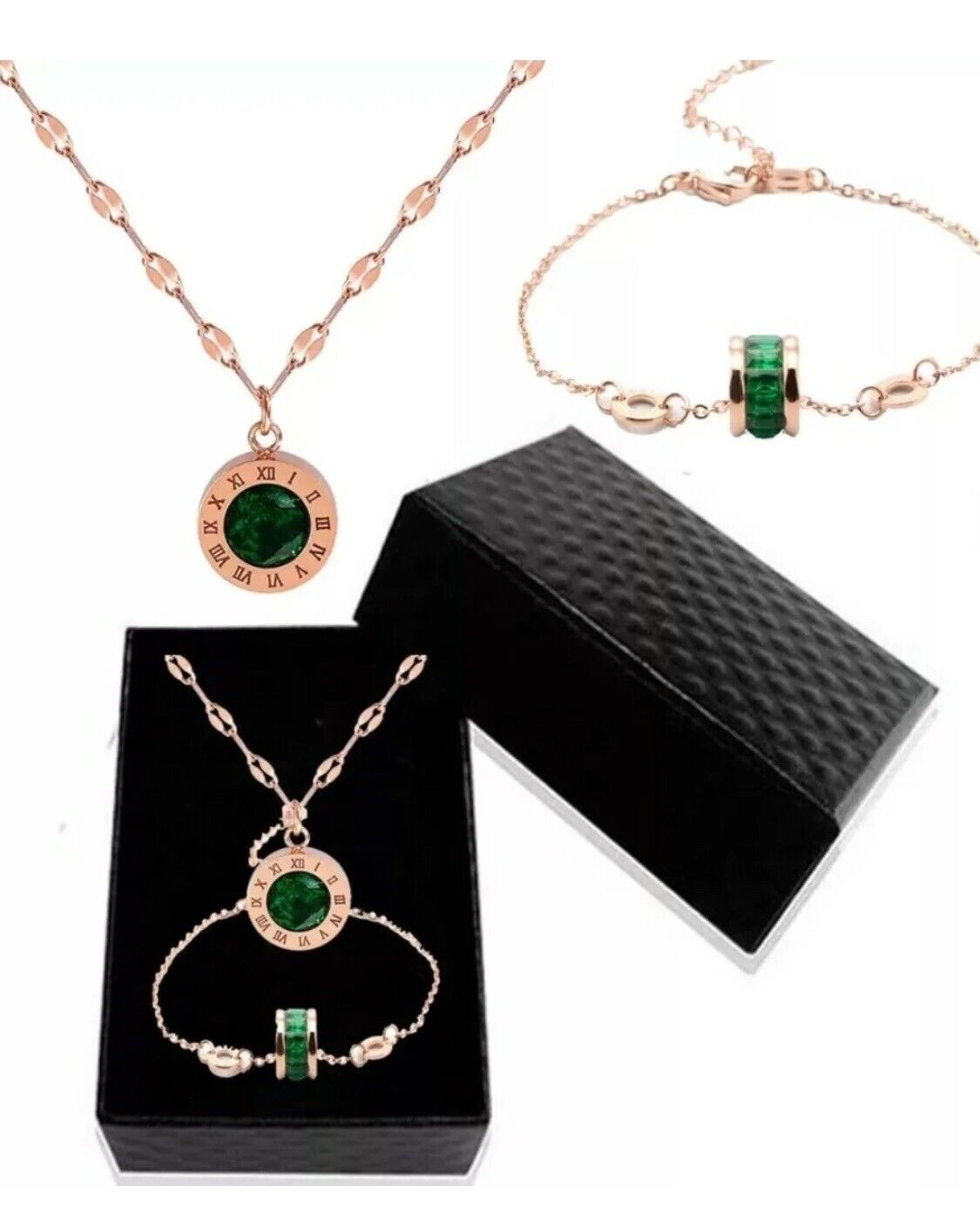 Gold & Emerald Set Of Dark Green Jewellery 4mm CZ Necklace & Bracelet Xmas Gift