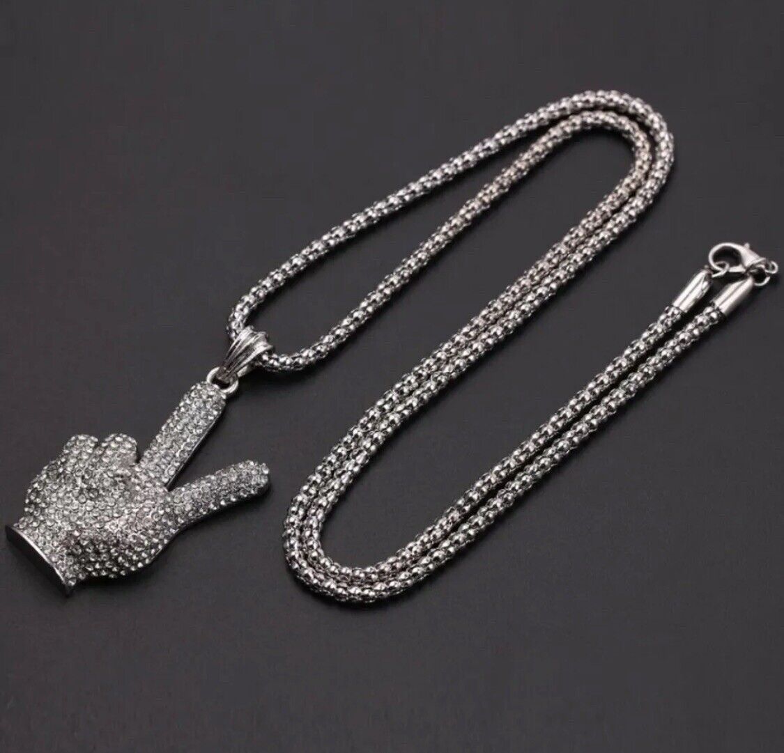 SILVER Iced Out Peace Middle Finger Hip Hop Necklace Jewellery Chain Pendant
