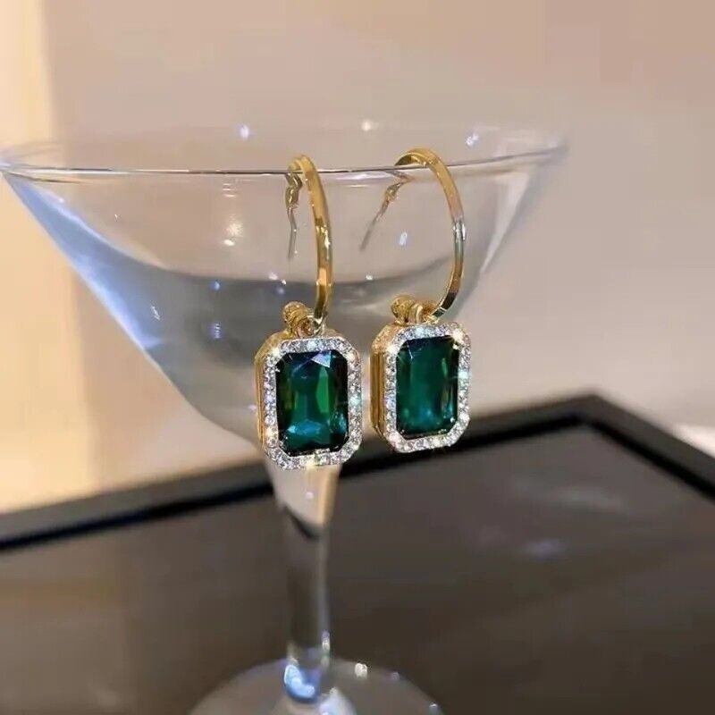 Earrings Hoop Crystal Emerald Green Large Big Rhinestone Gold Plated Zircon Gift