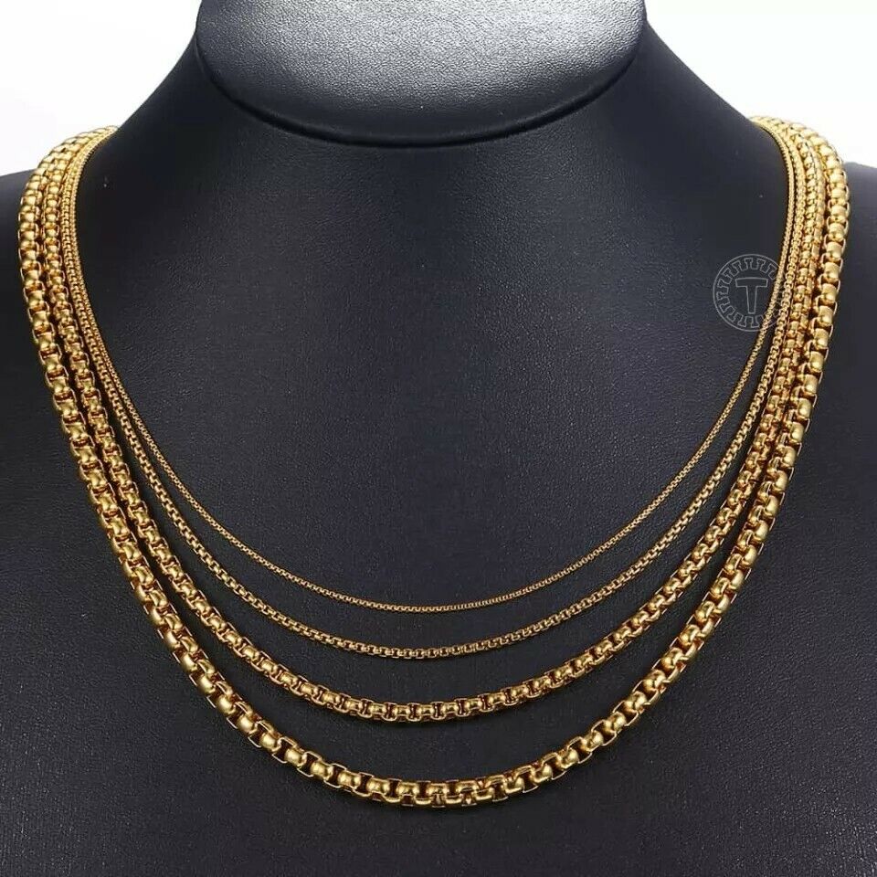 GENUINE Stainless Steel Gold 5mm Round Box Chain 22 Inch Necklace
