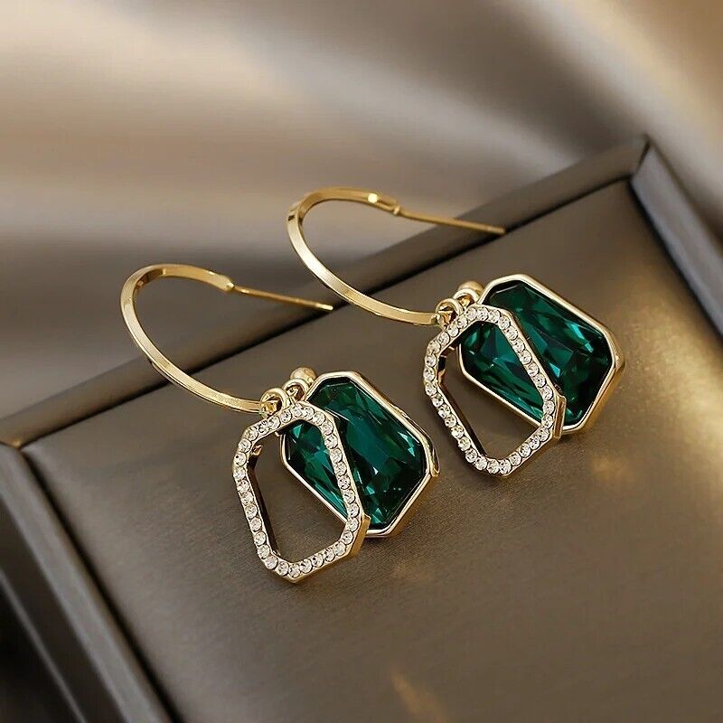 Earrings Hoop Crystal Emerald Green Large Big Rhinestone Gold Plated Zircon Gift