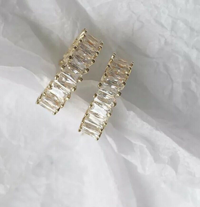 Geometric C-shaped Hoop Earrings CZ Crystal Sterling Silver Pin Big Gold Luxury