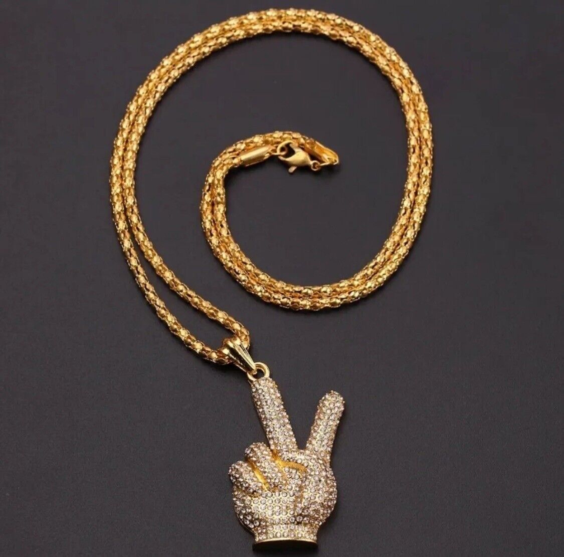 GOLD Iced Out Peace Middle Finger Hip Hop Necklace Jewellery Chain Pendant