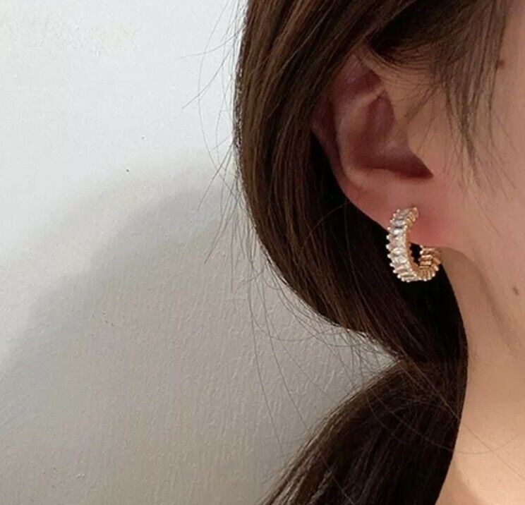Geometric C-shaped Hoop Earrings CZ Crystal Sterling Silver Pin Big Gold Luxury