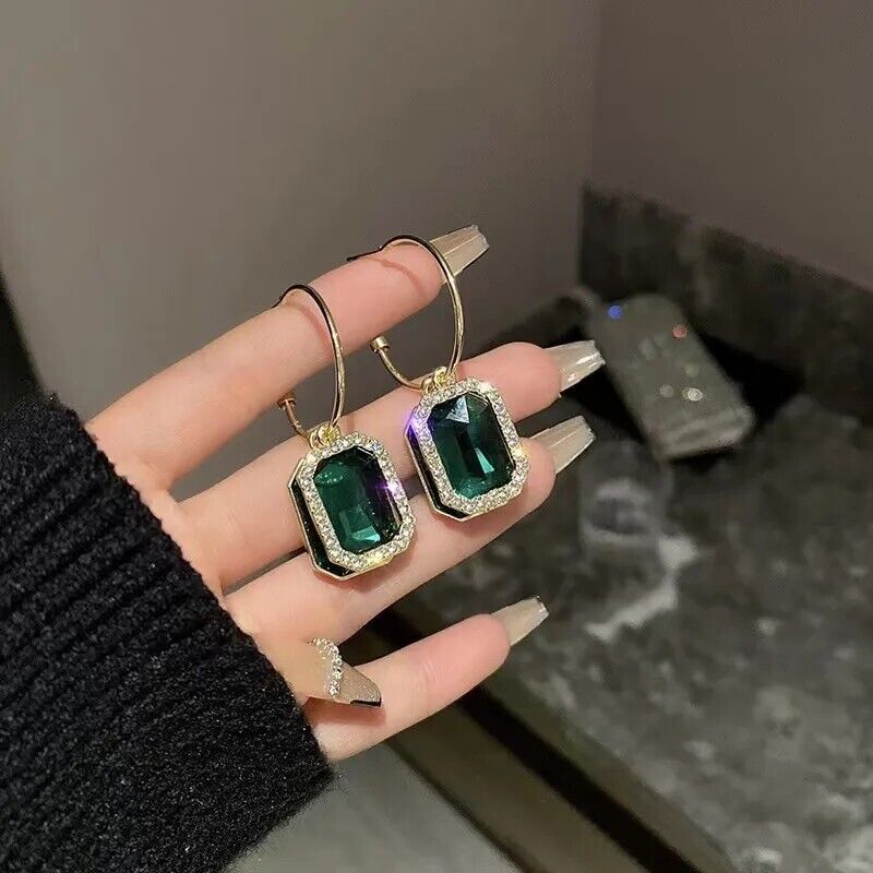 Earrings Hoop Crystal Emerald Green Large Big Rhinestone Gold Plated Zircon Gift