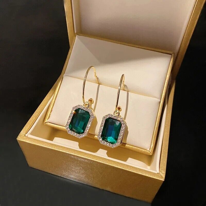 Earrings Hoop Crystal Emerald Green Large Big Rhinestone Gold Plated Zircon Gift