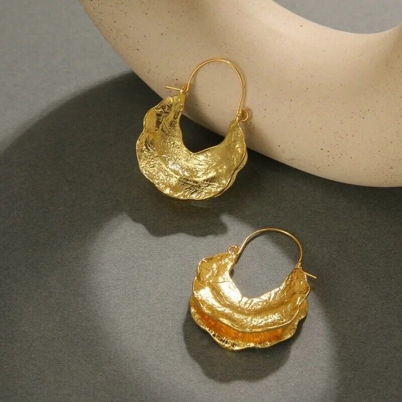 Zara Gold Asymmetrical Half Moon Hammered Textured Half Hoop Hook Earrings