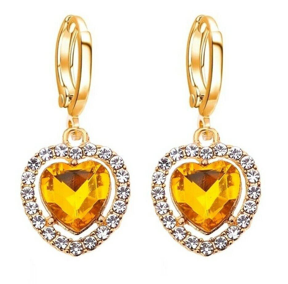 Heart Shape Drop Earrings Gold Plated Cubic Zirconia CZ Valentine Gift for Women