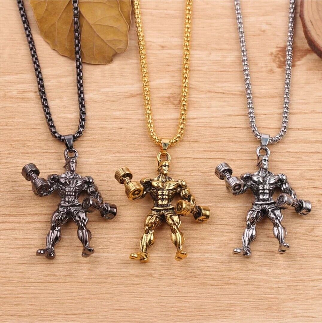 Men Silver Necklace Gothic Skull Bodybuilding Weight Gold Pendant Necklace