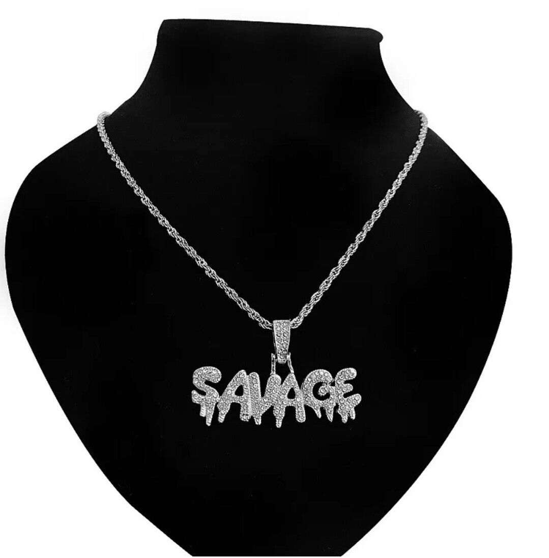 SAVAGE Pendant Necklace Rhinestone Necklace Silver Iced Out Hip Hop Jewelry