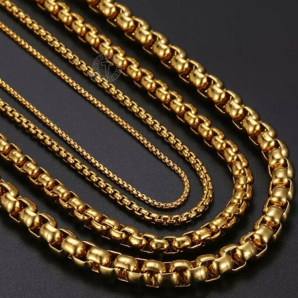 GENUINE Stainless Steel Gold 5mm Round Box Chain 22 Inch Necklace