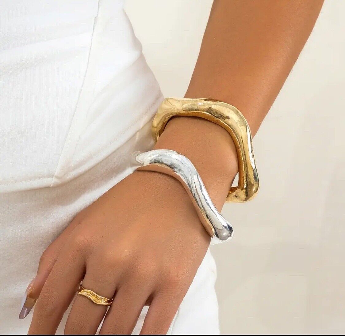 2-Piece Chunky Metal Torque Necklace and Open Cuff Bangle Set, Punk & Steampunk