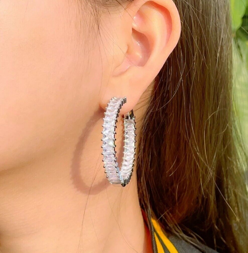 Cubic Zirconia Earrings 18K Gold Plated 925 Sterling Silver Hoop Baguette Bamboo
